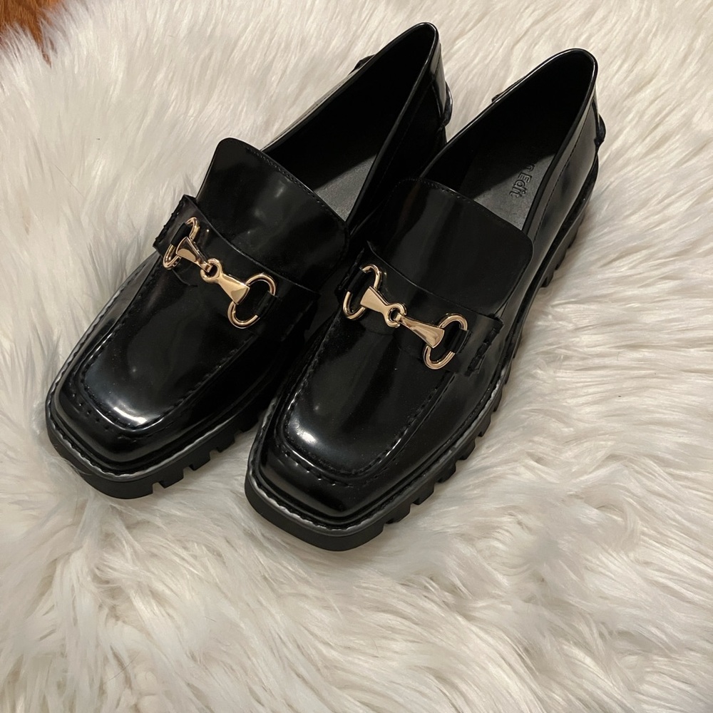 Open Edit black patent lug sole loafers